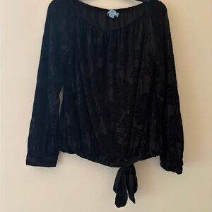 CeCe Black Burnout Velvet Floral Tie-Hem Blouse Size Small